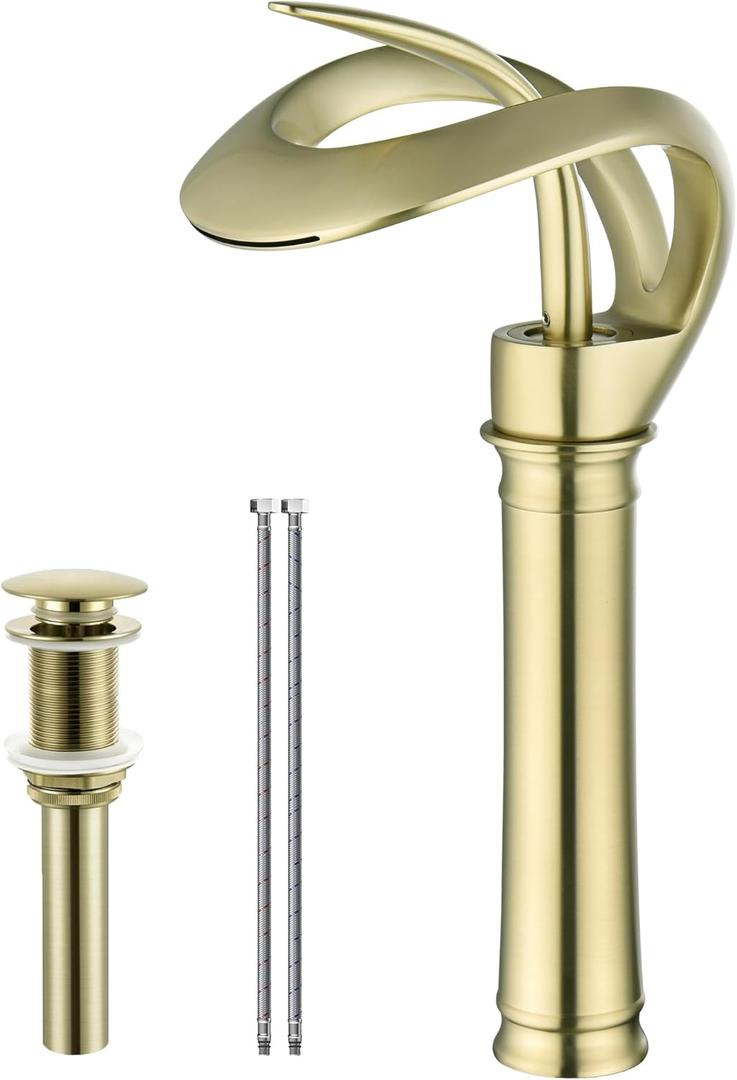 Elegant Bathroom Sink Faucet Single Hole,AUU Waterfall Brushed Gold Vessel Sink Faucet Solid Brass,Single Handle Tall Bowl Sink Faucet with Pop Up Drian Supply Line (Brushed Gold, Tall)