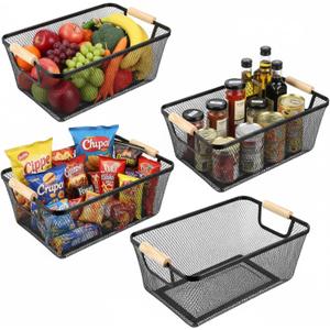 Ziliny 4 Pcs Metal Wire Basket with Wooden Handles Mesh Steel Storage Organizer Bin Containers for Home Organizing Cabinet Pantry Closet Kitchen Fridge Fruit Makeup Snacks Gifts(Medium,Black)