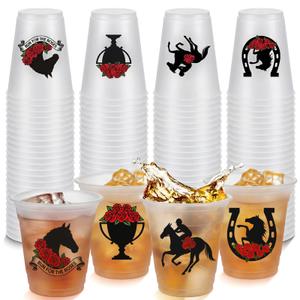 LemonRoad 48 Pcs Derby Day Plastic Cups Bulk 12oz Derby Frosted Clear Disposable Mint Julep Cups Rose Horse Racing Party Supplies Holiday Decorations Home Coffee Wine Beverage Soda Juice Drink
