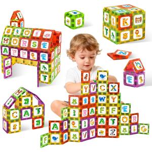 Magnetic Tiles Letters Learning Toys, Animals Alphabet ABC Magnets for Kids 1-3 2-4 3-5, Toddlers Classroom Must Haves Construction Stacking Toys, Teacher Educational Supplies for Preschool Spelling