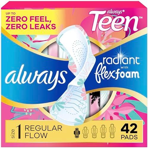 Always Radiant Teen Pads, Size 1, Regular, with Wings, Unscented, 42 Count