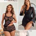 Avidlove Lingerie for Women 3 Piece Lingerie Set Floral Lace Cami Sleepwear with Kimono Robe Pajama Set (Black, M)