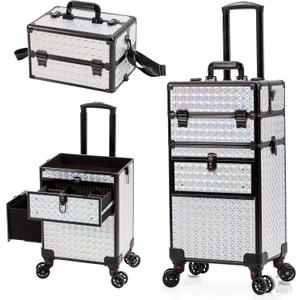 AROUS Rolling Makeup Train Case with Large Drawer, Multi-functional Cosmetic Trolley with 360 Swivel Wheels Keys, Large Storage Traveling Cart Trunk, Train Cases for Nail Technicians (3 IN 1, WHI&BLA)