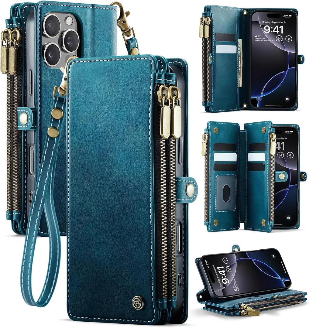 for iPhone 16 Pro (6.3") Case Wallet with RFID Blocking 2-Zipper Pocket & 8-Credit Card Holder Slots & Wrist Strap | Vintage Soft PU Leather Magnetic Snap Flip Protective Phone Cover, Green