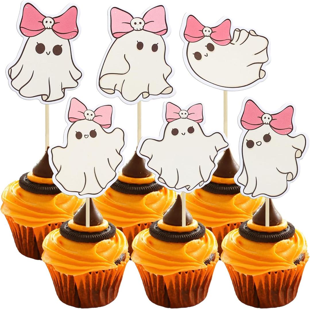 3 x Ephlyn 36Pcs Halloween Ghost Cupcake Toppers Pink Glitter Halloween Baby Shower Cupcake Decorations Little Boo Cupcake Toothpicks for Birthday Ghost Party Cake Decorations