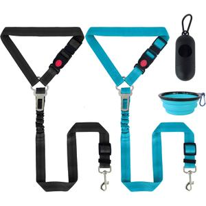 Dog Car Harness, 2 Pack Seat Belt with Safety Clip, Includes Poop Bag Dispenser with 1 Roll Bags & Portable Collapsible Silicone Dog Bowl, Travel Essentials for DogsBlue&Black (Blue&Black)