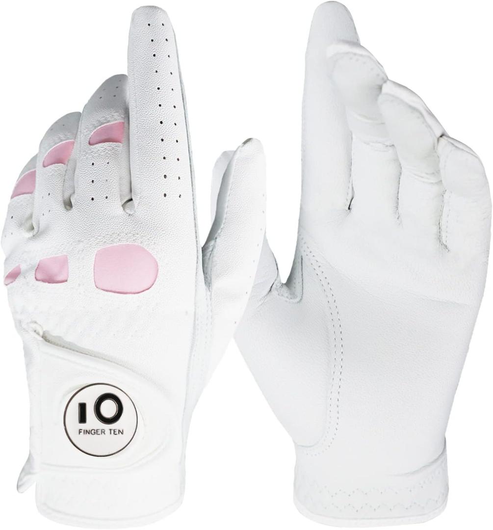 FINGER TEN Womens Leather Golf Glove with Ball Marker Ladies Gloves Left Right Handed Golfer Extra Grip 1 Pack, Left Right Hand Pink Fit Woman Girl, Size Small Medium Large XL