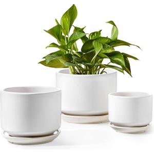 LE TAUCI Plant Pots Indoor, 4.3+5.3+6.8 Inch, Set of 3, Ceramic Planters with Drainage Hole and Saucer, Modern Indoor Flower Pot with Hole Mesh Pad, Gifts for Mom, Classic White