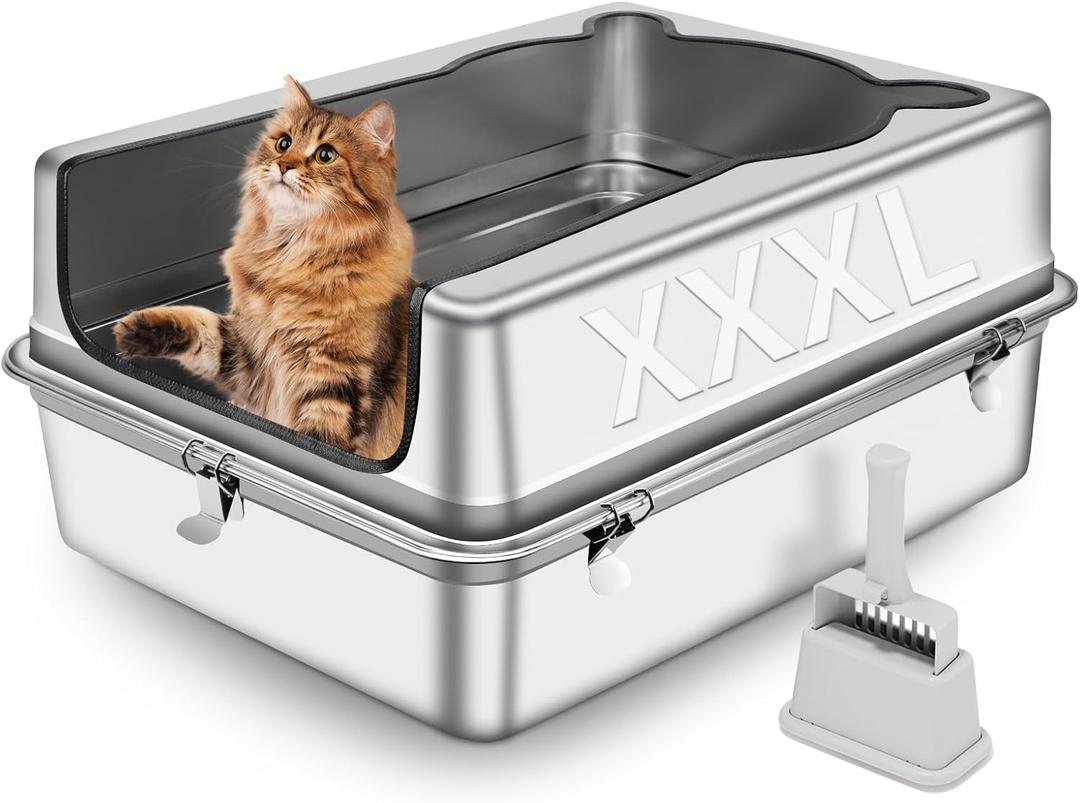 Extra Large Stainless Steel Cat Litter Box, 27.5" L x 19.7" W x 12" H XXXL Semi Enclosed Removable Metal Litter Tray with High Sided Enclosure, Scoop, Anti-Leakage, Non-Sticky, Easy Cleaning