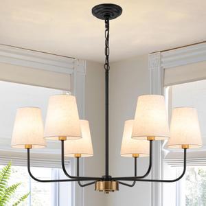 31.5" Dining Room Chandelier with Shades, Modern 6 Light Pendant Lights Kitchen Island Gold and Black Chandelier Light Fixture with Linen Fabric Shades for Living Room Foyer Kitchen Entryway Bedroom