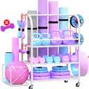 Home Gym Organizer - Yoga Mat Storage Rack, 400LBS Metal Gym Equipment Storage Cart with Large Basket & Movable Hooks, Dumbbell Rack & Weight Storage Racks for Workout Gear (White)