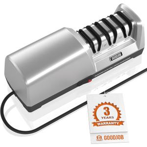 Electric Knife Sharpener for Kitchen Knives - Goodjob Automatic Professional Knife Sharpening System with Diamond Abrasives and Precision Angle Guides, 3 Stage Ceramic Knife Sharpeners Tool (Silver)