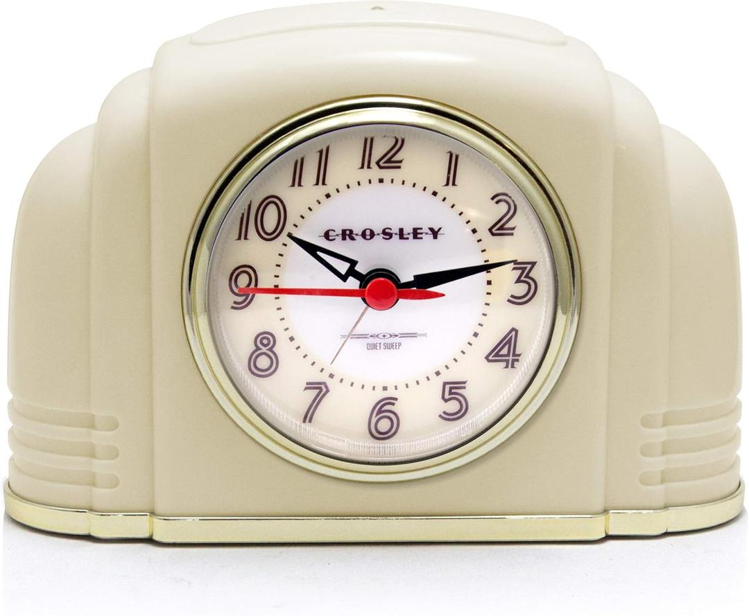 Timelink Crosley Vintage Art Deco Analog Alarm Clock, Quiet No-Ticking Movement, Automatic Dimmable Smart Light, Simple Controls, (Ivory)