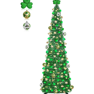 Timer & Shamrock - St Patricks Day Decorations, 5Ft Lighted St Patricks Day Tree with 50 LED Warm Lights 12 Balls Ornaments Battery Operated Pop Up Tinsel Collapsible Tree for Home Porch Office Party, Color: Green Shamrock Tree