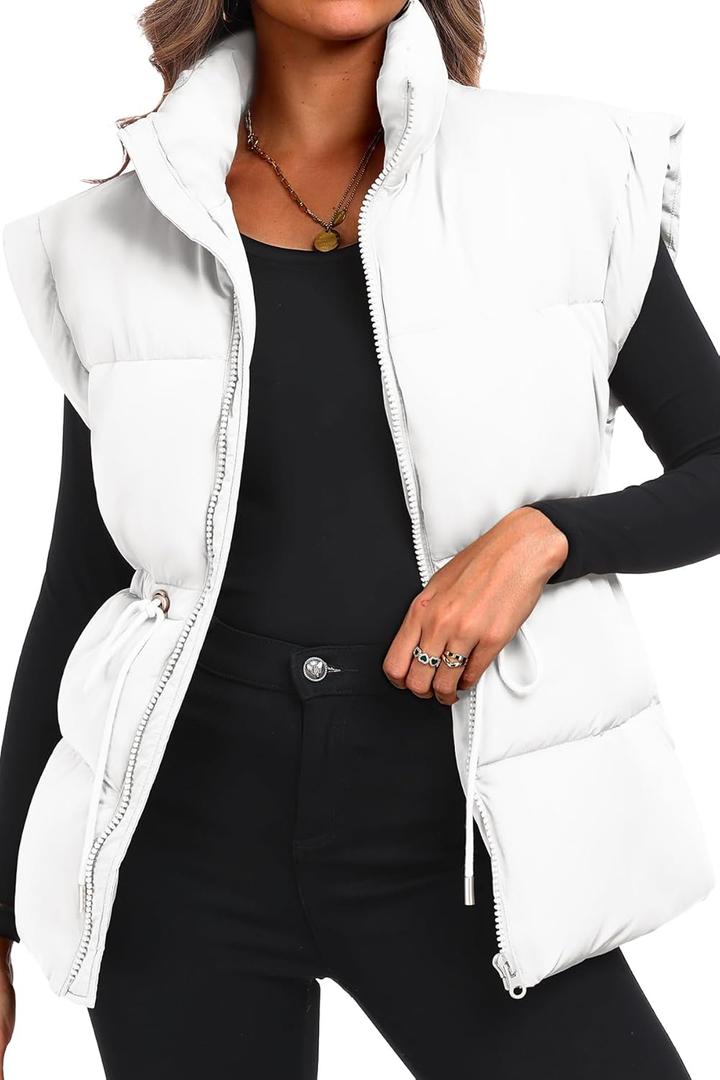 ELLEVEN Womens Puffer Vest Stand Collar Flysleeve Oversized Sleeveless Puffy Quilted Vest Woman Casual Warm Ladies Long Coats Padded Lightweight Winter Spring Fall Baggy (White, Medium)