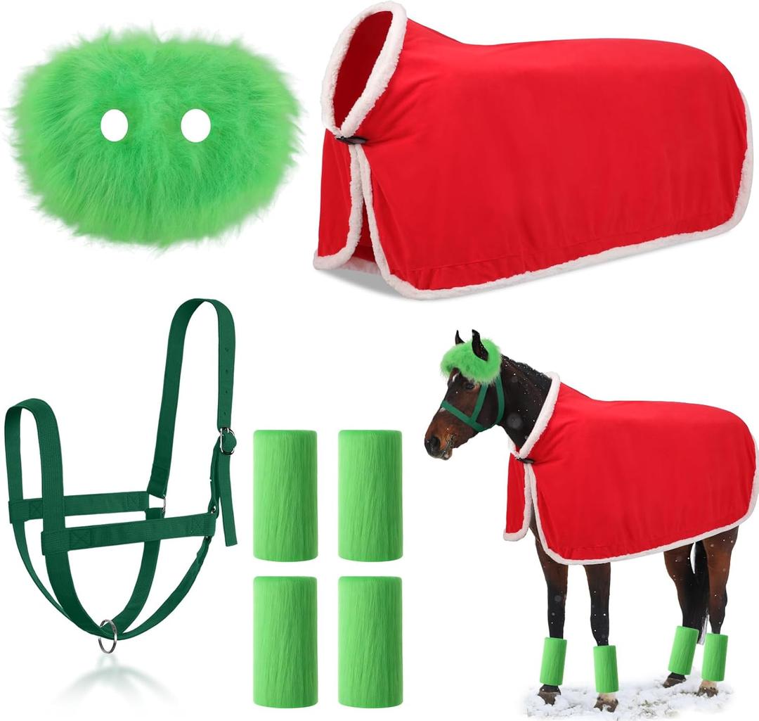 Paterr 7 Pcs Christmas Horse Accessory Set Xmas Santa Elf Horse Cape Halters Leg Wraps Hat Tack Costume Set (Red, Green)