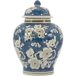 Galt International Blue and White Flower Chinoiserie Ginger Jar 12" w/Lid Ginger Jar, Tea Storage Decorative Home Decor Jar (Blue,White)