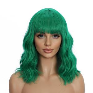 Lime Green Wigs with Bangs for Women 14 Inch Short Wavy Bob Wigs With Bangs Synthetic Bob Wig Curly Wig Heat Resistant Colorful Wavy Wig Cosplay Wigs For Daily Party Halloween