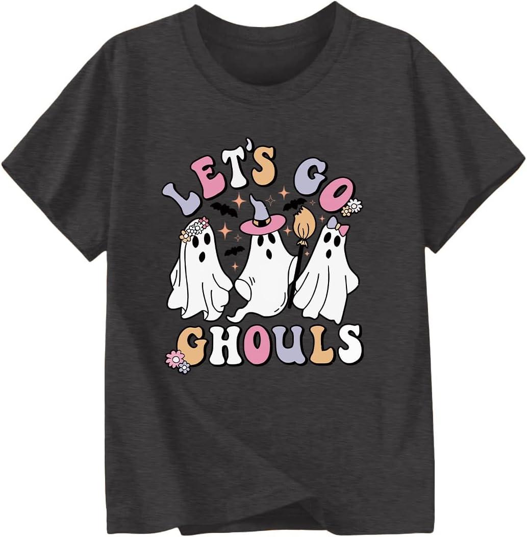KVADN Halloween Shirts for Girls Boys Toddler Retro Spooky Short Sleeve Shirt Cute Ghost Graphic Tshirts  (5-6 Years, Grey)