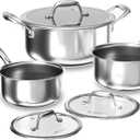 COOKER KING Hybrid Nonstick 6 Pcs Pot Set, 1.5 & 2QT Saucepan and 5-Quart Pots with Glass Lids, Induction Stainless Steel Cookware, Stay-Cool Handles, Dishwasher Safe, Compatible with All Cooktops