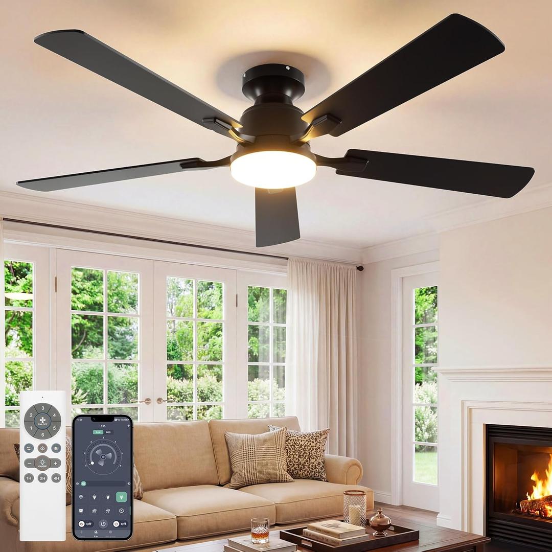 VOLISUN 52 Inch Ceiling Fan with Lights Flush Mount, Low Profile Ceiling Fans with Lights, Remote&APP Control,Dimmable 22W LED Light,Queit&Reversible Fan, Black Ceilings Fans for Bedroom, Living Room