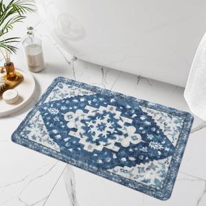 Uphome Boho Bathroom Rugs Blue Vintage Non-Slip Bath Rug Oriental Soft Machine Washable Bathroom Mat Cute Tribal Floral Bath Mats for Bathroom Decor for Sink Shower Toilet, 20x31 inch
