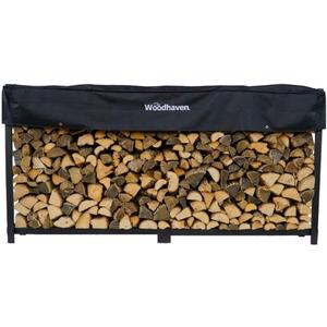 Woodhaven 8 Foot 1/2 Cord Firewood Log Rack With Optional Cover - Made In USA - Outdoor Use Lifetime Structural - Black Texture Powder Coat Finish - Made With Heavy Duty Steel