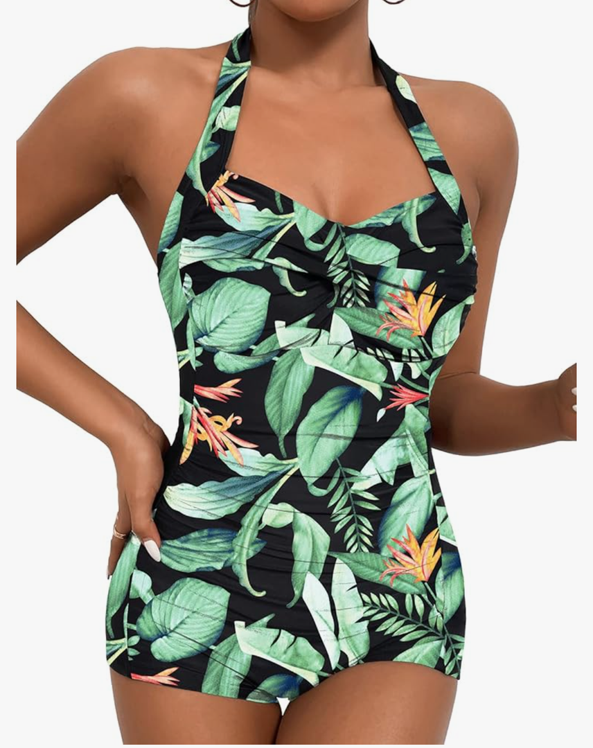 Women's Retro Tummy Control Swimsuits Halter One Piece Slimming Swimwear,Vintage Boyshorts Ruched Push Up Bathing Suit, S