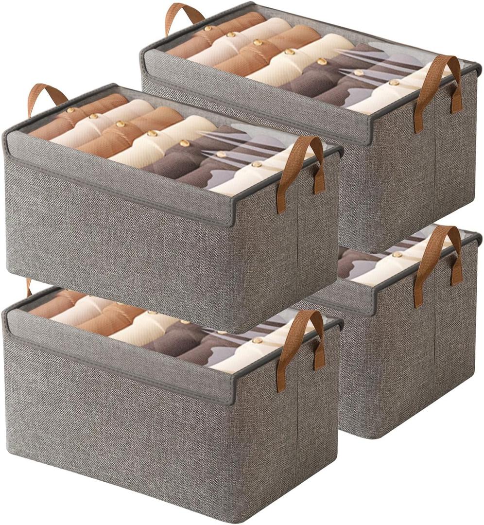 AARAINBOW Closet Clothes Organizer Bins 4 Pc, Fabric Box Storage Shelf Bins Stackable, Foldable Closet Shelf Storage Container with Lid, Fabric Storage Bin with Steel Frame, 23L (4 Gray with Lid)