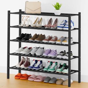 Smiry Long Bamboo Shoe Rack, 5 Tier Free Standing Wooden Shoe Organizer, Stackable Wood Shoe Storage Shelf for Closet, Entryway, 12 Vertical Slats, 2+2+1 Stack Standard Legs, 33.7"x11"x32.5", Black