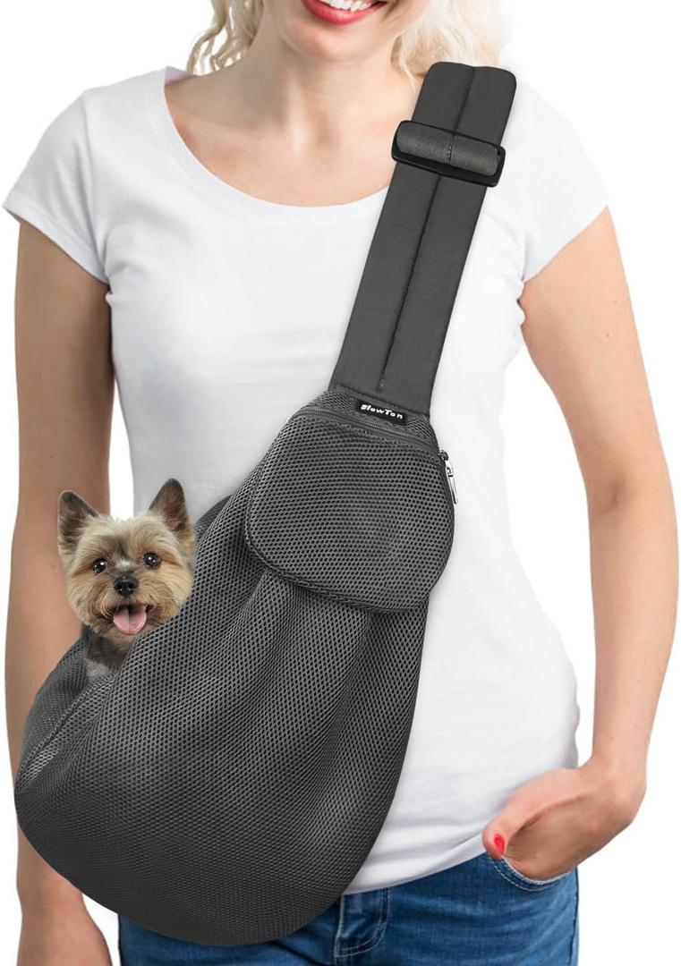 SlowTon Dog Carrier Sling - Thick Padded Shoulder Strap Adjustable Dog Carriers for Small Dogs, Puppy Carrier Purse for Pet Cat with Front Zipper Pocket Safety Belt Machine Washable (Grey Mesh M)