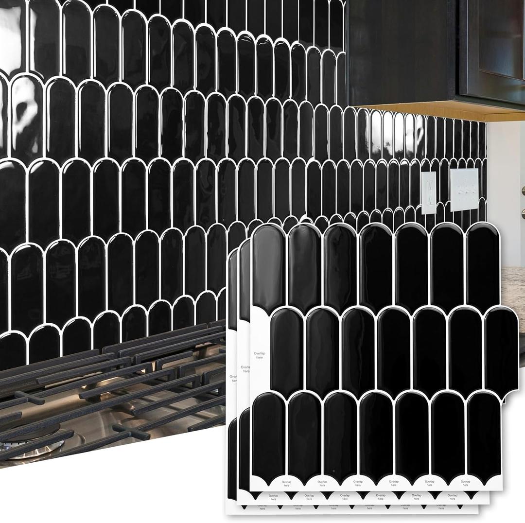 Art3d 10-Sheet Peel and Stick Kitchen Backsplash Tile, Vinyl Stick On Wall Tile Sticker for Bathroom Laundry Room Back Splashes, 12"x12" Black