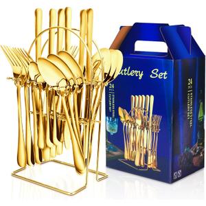 24-Piece Gold & Silverware Set with Hanging Rack Caddy - Stainless Steel Flatware for 6, Mirror Polished Cutlery Utensil Set - Kitchen Tableware with Forks, Spoons & Knives