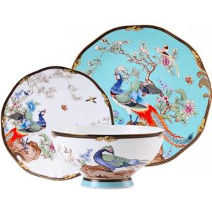12-Piece Bone China Dinnerware Set for 4, Vintage Turquoise Peacock Floral Plates and Bowls with Hand-Painted Gold Trim, Oriental Tableware, Dishwasher Safe for Daily & Formal Occasions