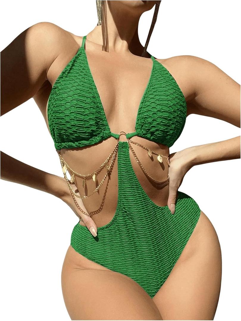 OYOANGLE Women's Chain Linked Cut Out Halter One Piece Swimsuit Tummy Control Bathing Suit (Army Green)