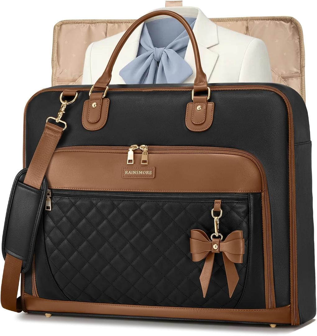 RAINSMORE Garment Bag for Travel Womens Hanging Suit & Dress Travel Bag Foldable Garment Duffle with Pockets & Strap, Carry On Compatible (Large, Black & Brown)