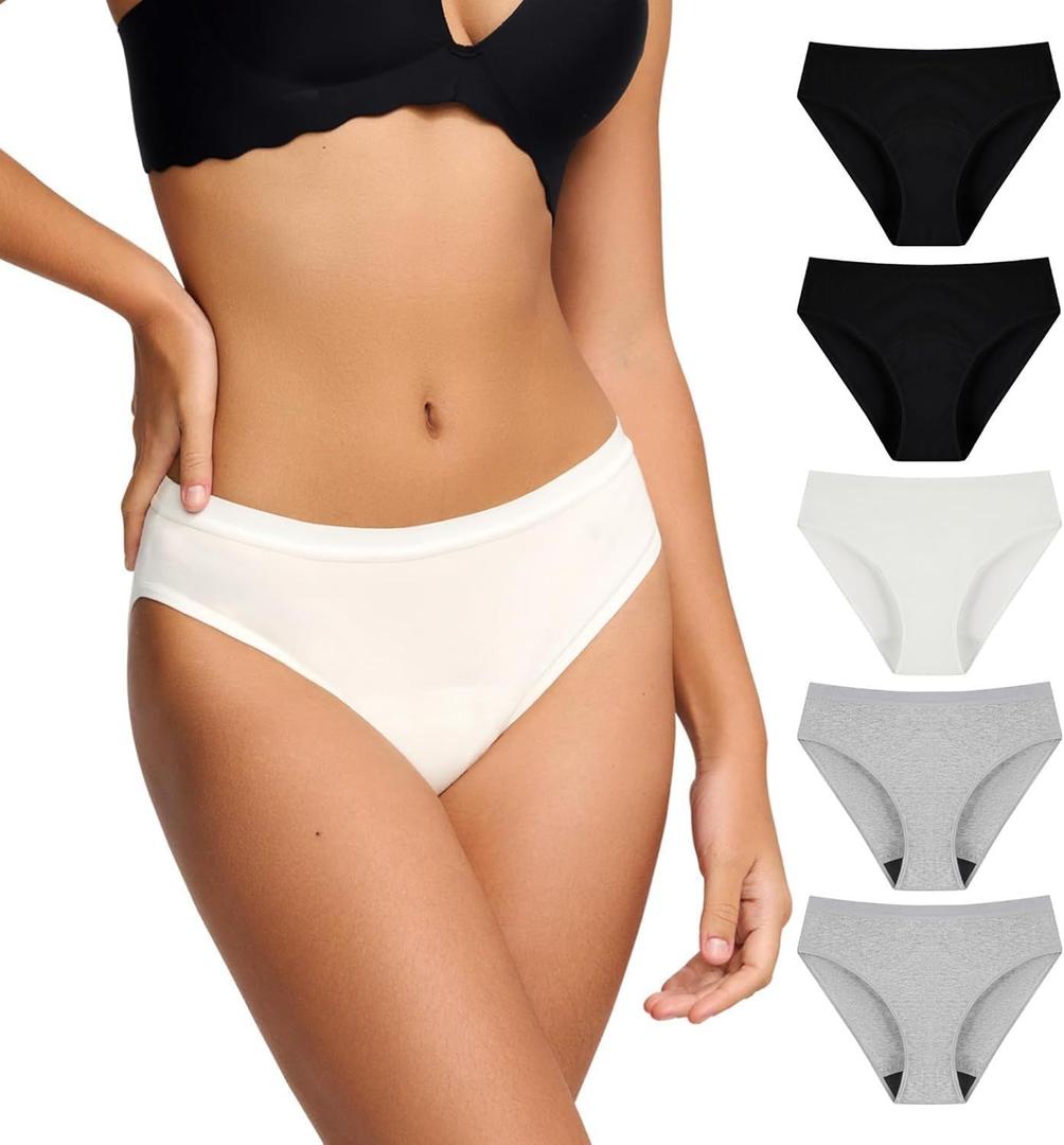 BATTEWA Womens Leak Proof Underwear Light Incontinence Bikini Panties Reusable Odor Control Protective Briefs for Ladies Teens 40ml (Multicolor, S, 5 Pack) (Grey)