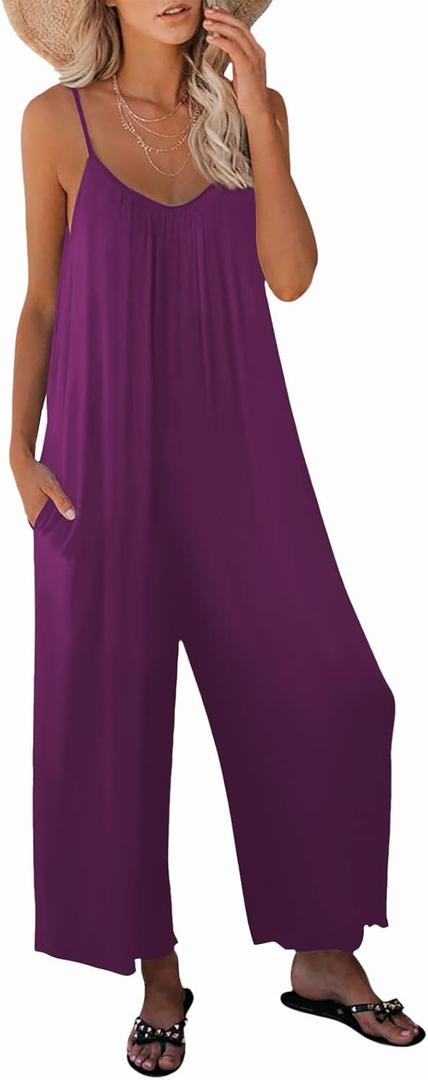 Womens Casual Sleeveless Strap Loose Adjustable Jumpsuits Stretchy Long Pants Romper with Pockets (Purple, XXL)