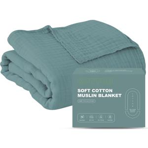 Cosy Family 100% Cotton Muslin Bed Blanket - Breathable and Lightweight Gauze Boho Blanket for Spring, Green, 80x90 Inches (4 Layer - 80x90in)