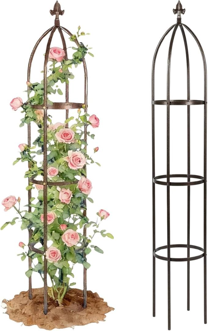 100% Metal Obelisk Trellis for Climbing Plants Outdoor - Heavy Duty Stone Coated Steel Garden Arch Trellis - Tall Sturdy Rustproof Vertical Plant Support for Climbing Vine Vegetables Flowers