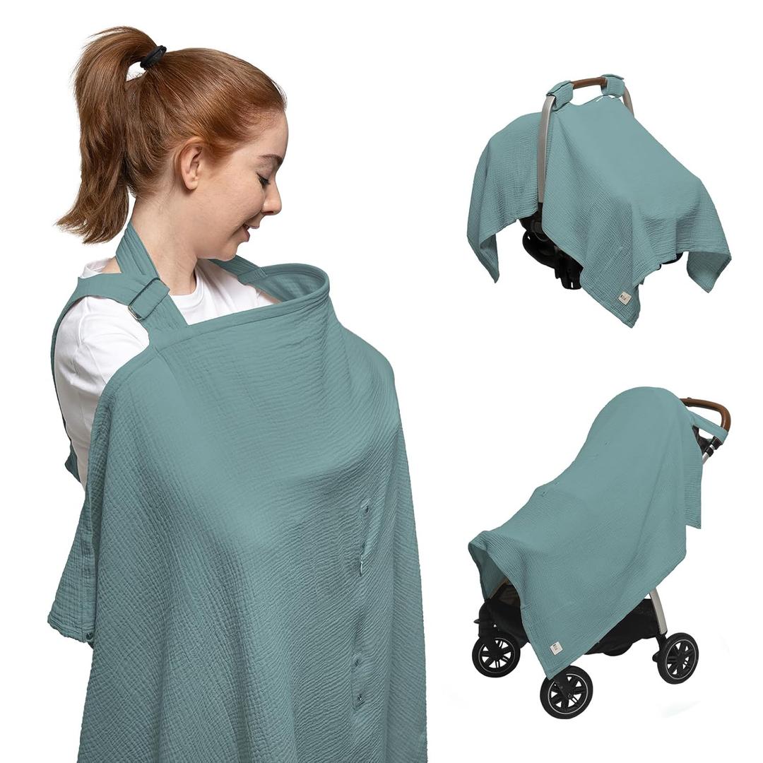Nilsa 5-in-1 Muslin Nursing Cover up for Breastfeeding & Baby Car Seat Cover - Breathable Breastfeeding Cover With Rigid Hoop - 100% Cotton Privacy Apron Breast Feeding Covers For Women (Mint green)