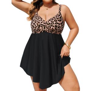Hanna Nikole Women Plus Size One Piece Swim Dress Tummy Control Swimsuits Twist Front Bathing Suit Body Shaping Swimwear (Leopard Black, 18 Plus