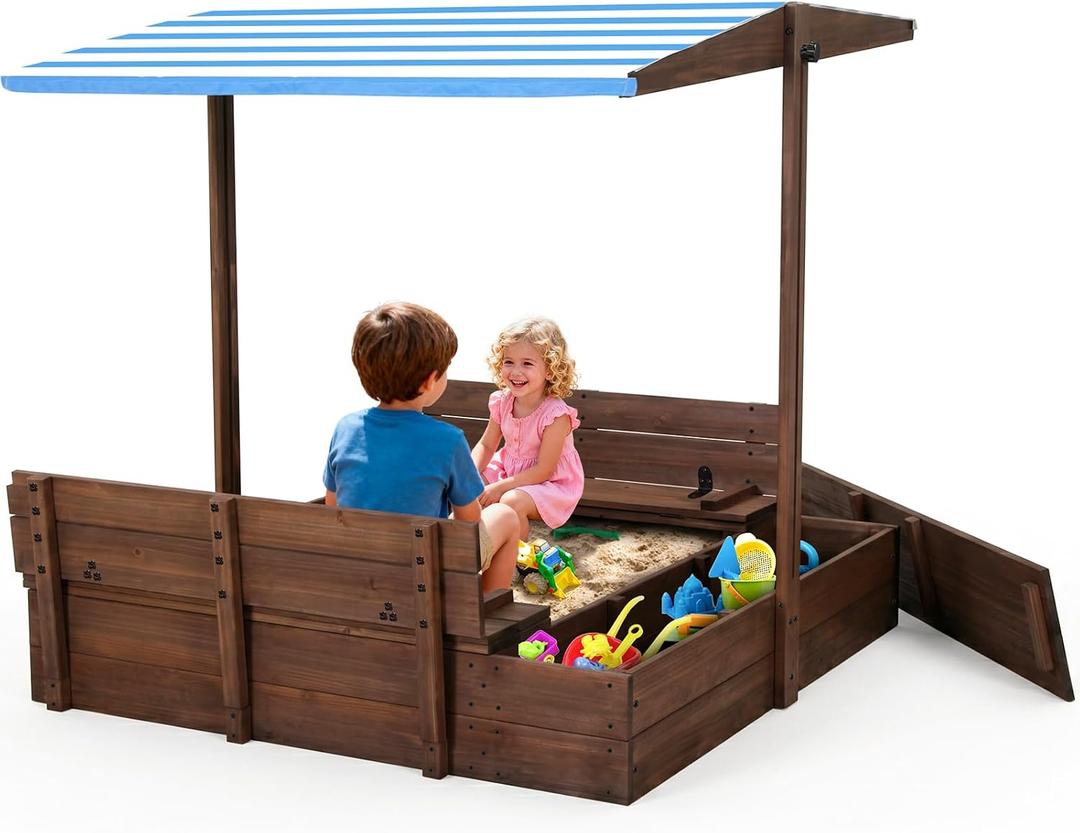 Kids' Outdoor Wooden Sandbox with Id,Sand Box with Toy Storage Box,Kids Play Equipment Sand Protection Bottom Liner Included 47X47in. (Brown), 47.2 inches x 47.2 inches x 46 inches