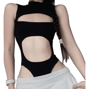 SINROYEE Women's Bodysuit Tops Sexy Hollow Out Summer Streetwear Outfit Gothic Jumpsuit T Shirt Short Sleeve Sleeveless ,Size L