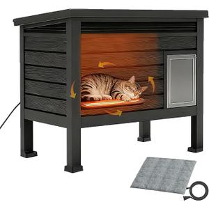 LHBcraft Outdoor Cat House Weatherproof, Heated Cat House for Outside with Raised Floor, Insulated Feral Cat Shelter with Heating Pad, Cat Houses for Outdoor Cats for Winter, Escape Door, Black