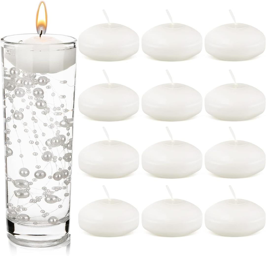 Nuanchu 12 Pieces 1. 65 Inch Floating Candles for Wedding Centerpiece, Small Unscented Floating Round Tealights Metallic Smooth Wax Disc Candles for Graduation Dinner Home Decor(White)
