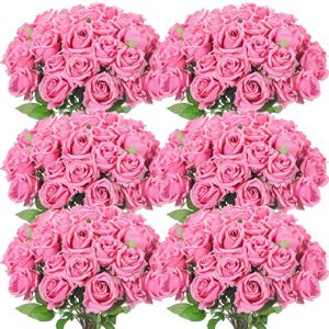 Jexine 50 Pcs Artificial Rose Flower Bulk Realistic Silk Fake Roses with Long Stem Plastic Artificial Flower Bouquet Real Looking for Home Wedding Centerpieces Party Decoration (Dark Pink Champagne)