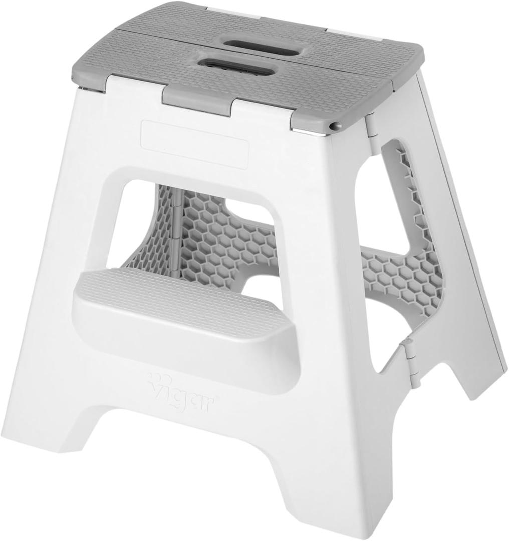 Vigar Compact Step Stool Foldable, 16-inch Two-Step Stools for Adults up to 330 Pound, Lightweight Stool, Non-Slip Folding Step Stool, Gray (16-Inches, 2-Step Stool)