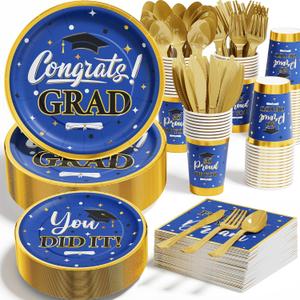 Graduation Decorations Class of 2026, 350PCS Graduation Party Supplies Disposable Dinnerware(Serve 50) with Paper Plates Cup Napkin Fork Knife Spoon College High School Grad Decor(Blue & Gold)