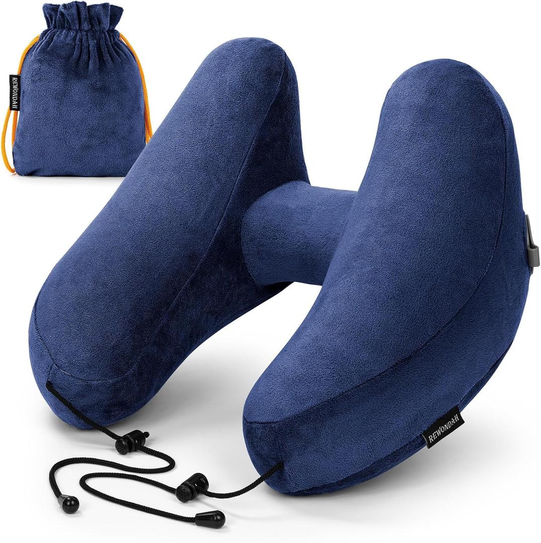 Rewondah Inflatable Travel Pillow for Sleeping Airplane - Inflatable Neck Pillow for Traveling on Plane with Washable Cover, Blow up Neck Travel Pillow for Airplanes, Cars - Portable and Comfortable (Navy)